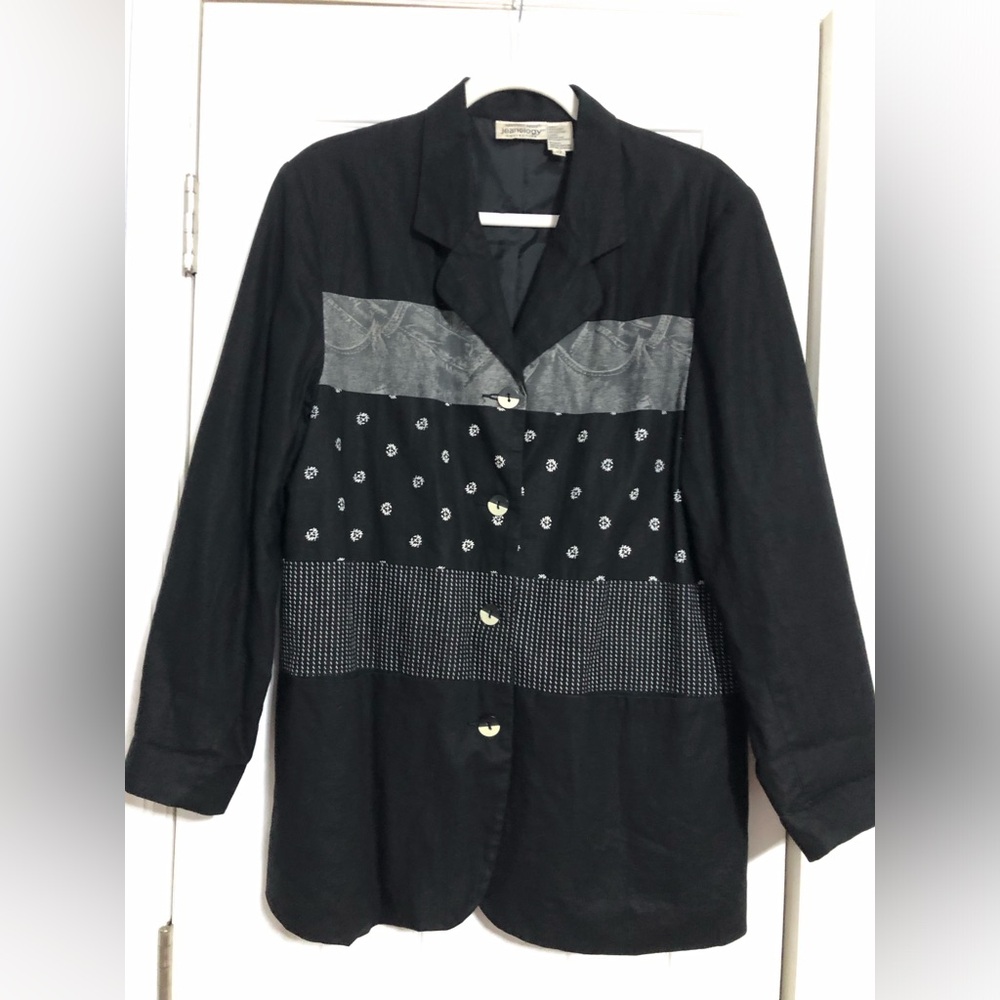 Newport News Black& gray Jeanology pattern blazer women sz‎ 12 Y2k retro vintage